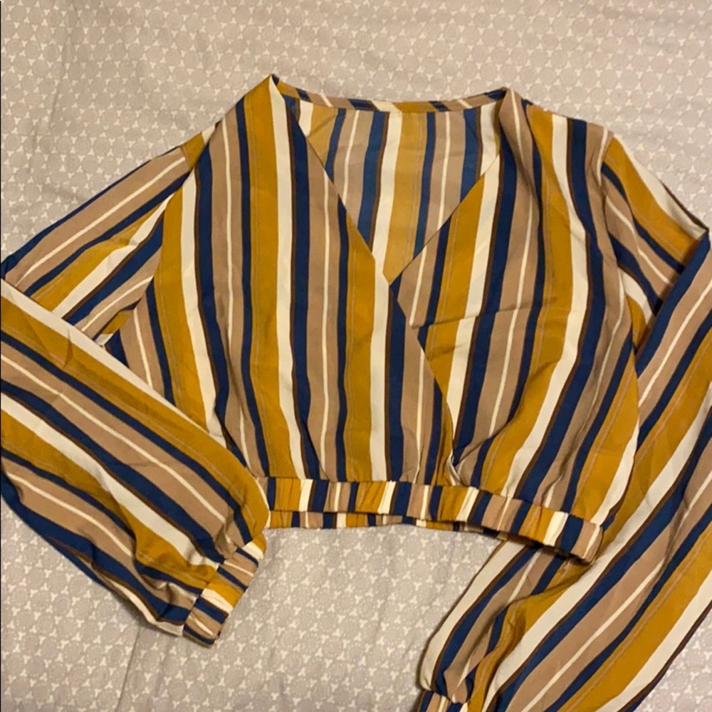 Striped Crop Blouse With Puff Sleeves